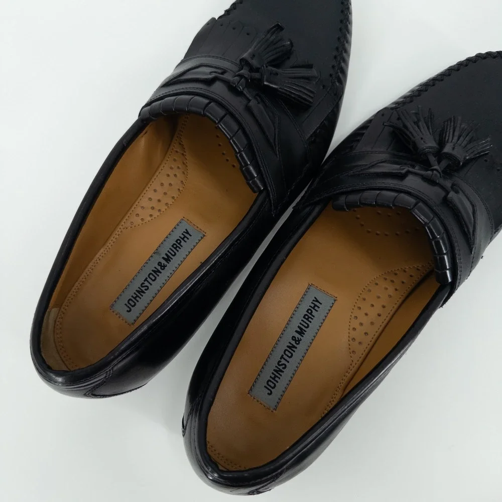 Johnston & Murphy Black Tassel Loafers Mens 9.5M Leather Sole Dress Shoes Preppy - Picture 5 of 9